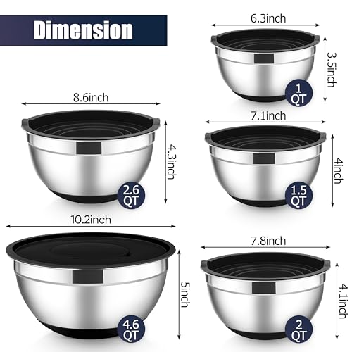 E-far Stainless Steel Mixing Bowls with Lids Set, 5-Piece, Black - color: Black, size: 5 Regular Sizes