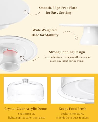 12 Inch Porcelain Cake Stand with Acrylic Dome Lid, White Pedestal