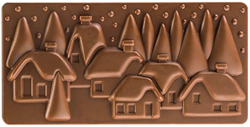 Pavoni PC5038 Polycarbonate Chocolate-Bar Mold with Three Xmas-Village Cavities, Each 77mm x 154mm x 10mm High - color: Xmas Village