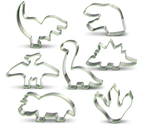 LUBTOSMN 7 Piece Dinosaur Cookie Cutters Set, Silicone Rim Baking Set