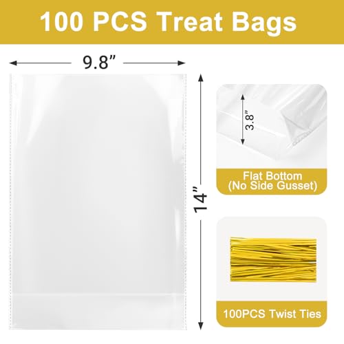 100Pcs Clear Cellophane Bags, Flat Bottom, with Twist Ties - size: 9.8x14 Inch (Pack of 100)