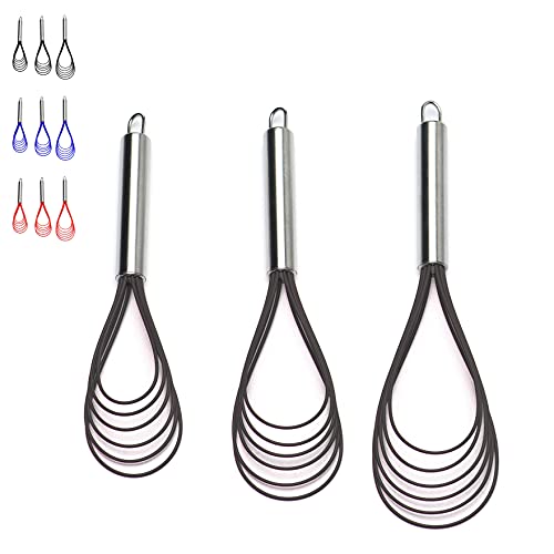 Flat Whisks Stainless Steel,3 Pack 10''+11''+12'' Set Premium Sturdy-6 Silicone Heads Non Stick Wires Whisk for Blending Beating Stirring Kitchen Cooking Color Grey by Jell-Cell - color: Gray