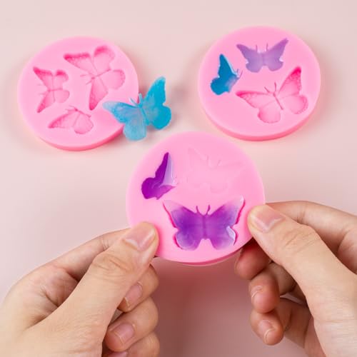 HINZIC 3PCS Mini Butterfly Silicone Molds, Polymer Clay DIY Crafts, Pink - color: Pink, 3 butterflies pattern, 3pcs (Round)