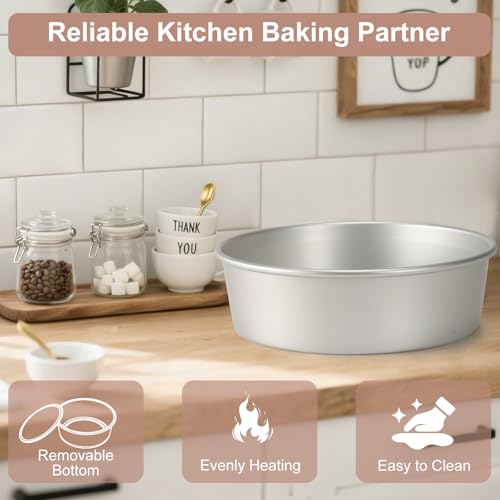 Round Cake Pan with Removable Bottom, Set of 3 (6 x 3 inch/8 x 3 inch/10 x 3 inch), Aluminum Baking Pans for Layer Cakes, Evenly Heating Tools for Home Kitchen, Tapered Side