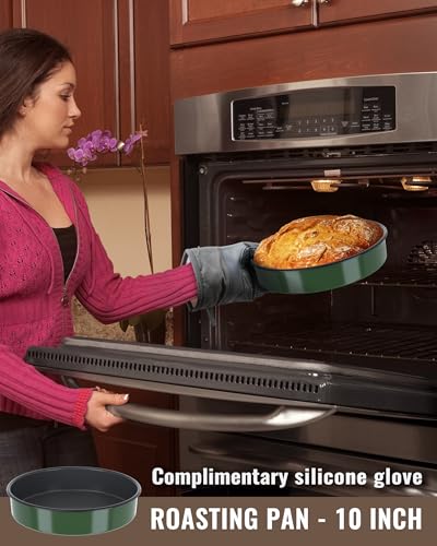 Round Roasting Pan Set, Enamel 10 Inch Cake Pan Baking Dish for Oven - color: Green - 10 Inch