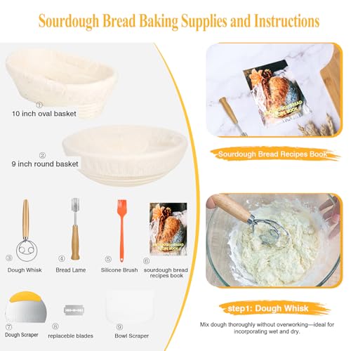 Banneton Bread Proofing Basket Set with Liners,9 Inch Round & 10 Inch Oval Sourdough Baking Kit for Professional & Home Use