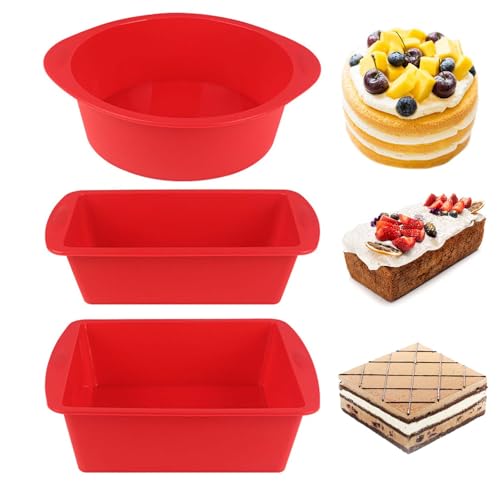 Silicone Baking Pans Sets - Nonstick Silicone Bakeware Set with Bread Loaf Pan, Square/Round Cake Pan - Oven & Dishwasher Safe - color: Red-Round+Square+Loaf