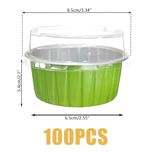 100Pcs Aluminum Cups with Lids,5oz Disposable Ramekin Baking Cups Muffin Liners Mini Pie Pans Foil Cupcake Containers for Christmas Party Wedding Party,Grass Green - color: Grass Green