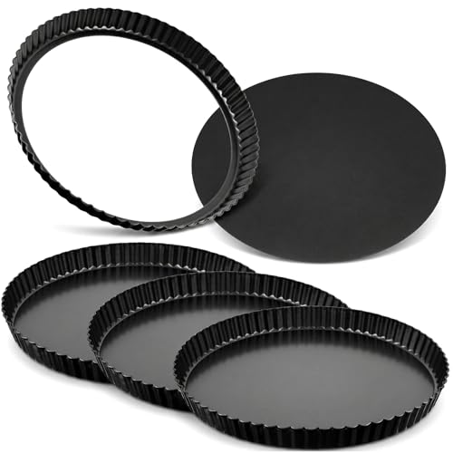 11 Inch Tart Pan with Removable Bottom, Non-Stick Pie Pan for Baking, Carbon Steel Quiche Baking Dish for Mousse Cakes, Fruit Desserts (Set of 4)