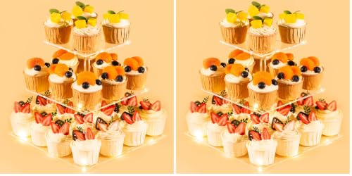 HENABLE 3 Tier Cupcake Stand Cupcake Holder, Acrylic Cupcake Tower with LED Yellow Light for 24 Cupcakes, Dessert Table Display Set for Birthday, Bar, Decor Weddings, Parties Events (Pack of 2) - size: 3 Tire square (Pack of 2)