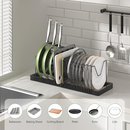 PanPanPal Pots and Pans Organizer under Cabinet, Expandable Pot Lid Organizer Holder with 14 Adjustable Compartment, Pan Organizers inside Cabinet for Lids, Bakeware, Kitchen Storage Pot Rack, Black - size: 14 Dividers