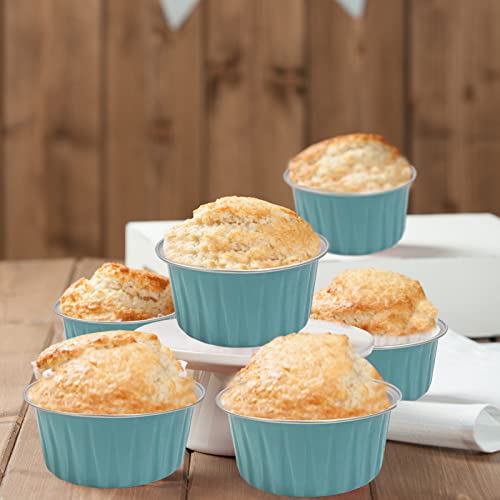 100Pcs Aluminum Cups with Lids,5oz Disposable Ramekin Baking Cups Muffin Liners Mini Pie Pans Foil Cupcake Containers for Christmas Party Wedding,Blue - color: Light Blue