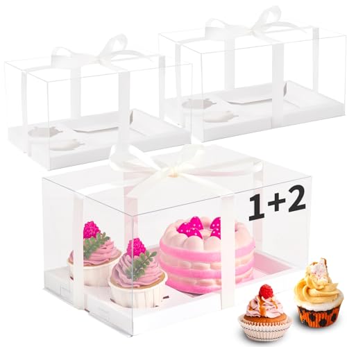 5 Pack Bento Cake and Cupcake Box with Gift Ribbon,Clear Window 1+2 Combination Bento Boxes,4-5in cake and 2 Cupcakes Combo Box Rectangle Cupcake Holder for Birthday Party Baking Supplies (1+2/5Pcs) - size: Clear 1+2/5Pcs