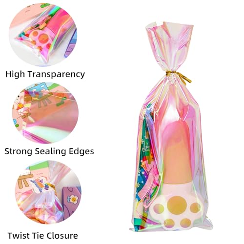 50 Pack Clear Iridescent Cellophane Treat Bags with Twist Ties - size: 10x15.9 inch