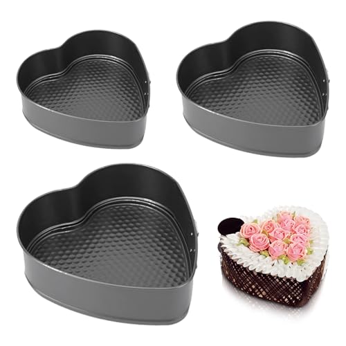 3pcs Springform Pan, 7,8,9 Inch Cheesecake Pans with Removable Bottom, Carbon Steel Baking Pans Nonstick Baking Tin Cake Mould for Small Pizza Pie (Heart Shape)