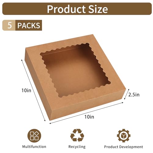 Moretoes 5pcs Auto-Popup Pie Boxes, 10x10x2.5 Bakery Boxes with Window