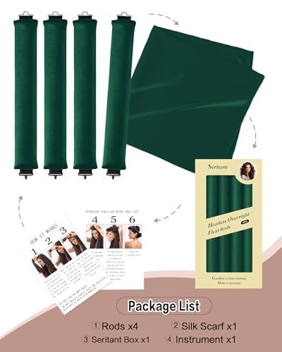 Seritant Heatless Curls Overnight with Satin Head Scarf, Velvet Hair Rollers for Blowout Look, No Heat Curling Rod for Long Thick Hair, Soft Sleep In Flexi Rods - color: Everglade Green
