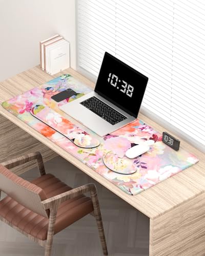 Large Mouse Pad with Wrist Rests for Keyboard & Mouse, Thick Soft Ergonomic Memory Foam Wrist Supports, Big & Long Desk Mat 35.5 x 15.7 in, for Office Gaming Computer, Pink Flowers - color: Watercolor Pink Flowers
