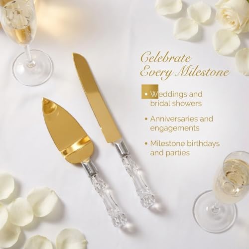 Gold Cake Knife and Server Set – Stainless Steel Wedding Cake Cutting Set with Crystal Handle, Cake Cutter & Pie Spatula for Wedding, Birthday, Anniversary, Party - color: Gold
