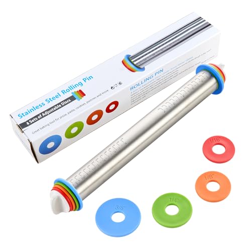 Adjustable Rolling Pin for Baking, with Thickness Rings Stainless Steel Dough Roller Pins for Pasta, Pizza, Pie Crust, Pastry and Cookie Making