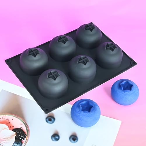 mostsom Blueberry Silicone Mold, 6-Cavity Shape Mousse Cake Molds, 3D Fruit Ice Cream Candy Molds, Non-Stick Sphere Silicone Molds for Chocolate French Fruit Cake Decoration (D_ Blueberry)