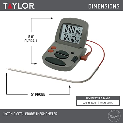 Taylor Precision Products Programmable with Timer Instant Read Wired Probe Digital, Meat, Food, Grill BBQ Cooking Kitchen Thermometer with Timer, Gray