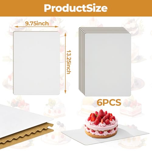 Rectangle Cake Boards, 6 Pack, 13.25 x 9.75 Inch, White, Greaseproof Cardboard, Sturdy Corrugated Disposable Sheet Trays for Cakes, Pastries, Bakery