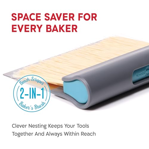 KneadAce Dough Scraper & Baker’s Brush.Stainless Steel Bench Scraper & Flour Cleaning Brush. Kitchen Tool for Pastry, Sourdough and Baking Prep Bread Dough Cutter, Gift For Bakers (Gray/Turquoise) - color: Gray, Turquoise