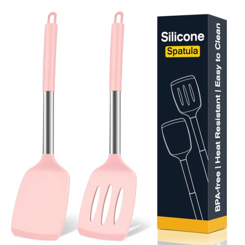 2 Pack Silicone Spatula Set, Solid & Slotted Turner for Non-Stick Pans - color: Pink
