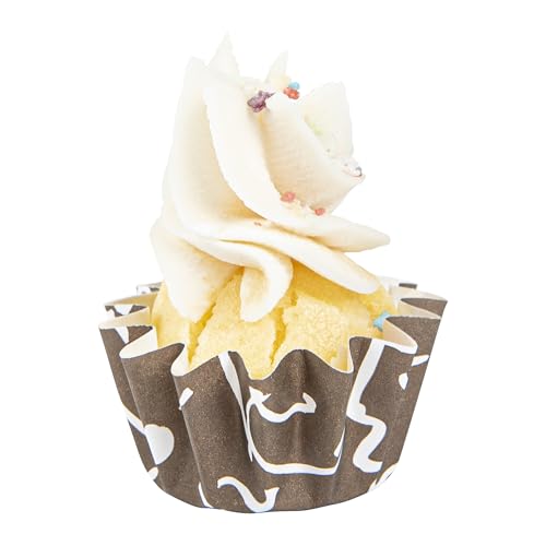 Restaurantware Panificio 0.4 Ounce Baking Cups 200 Flared Cupcake Liners - Oven-Ready Freezable Brown And White Paper Muffin Cases Disposable Chocolate Wisp For Wedding Parties Baby Showers - size: Small, style: Flared