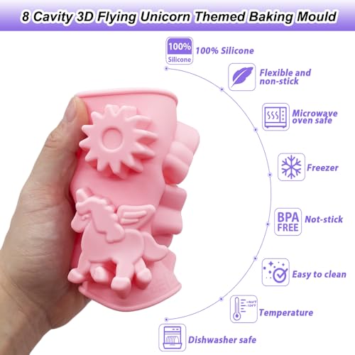 2 Pack Unicorn Molds Silicone 8 Cavity 3D Flying Unicorn Themed Baking Mould Tray with Cartoon Rainbow Meteors Sun for Kids' Party Chocolate Cake Topper Dessert Mousse Pastry Handmade Soap Crayons - style: 8 Cavity Unicorn Molds