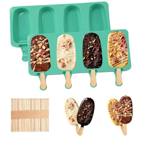 Silicone Popsicle Molds, 2 Pcs Green Popsicles Molds, 4 Cavities Ice Cream Mold with 50 Wooden Sticks for Making Cakesicles Fudgesicle Candy DIY Cake Ice Pop Summer Party Supplies - color: Green