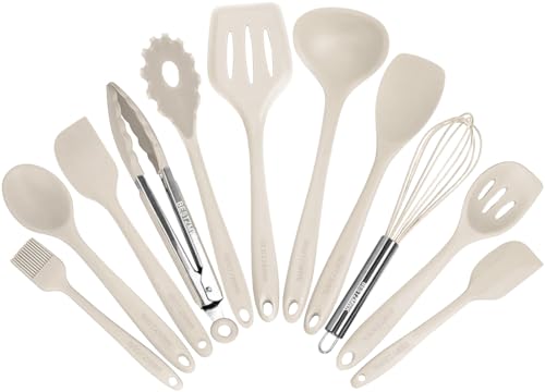 Kitchen Utensil Set - 11 Cooking Utensils - Colorful Silicone Kitchen Utensils - Nonstick Cookware with Spatula Set - Colored Best Kitchen Tools Kitchen Gadgets (Khaki) - color: Khaki