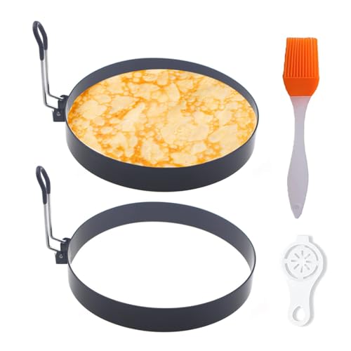 Pancake Ring for Griddle,2 Packs 6 Inch Egg Pancake Maker,Omelette Rings for Griddle,Non-stick Stainless Steel Crumpet Ring,Egg Muffin Rings Fried Egg Ring Pancake Shaper with Sinlicone Handle Grill - color: Black 2 pcs of 6“ with accessories