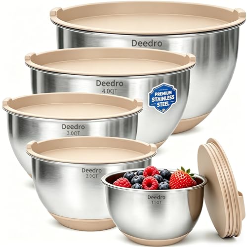 Deedro Mixing Bowls with Airtight Lids, Stainless Steel Mixing Bowls Set - color: Khaki