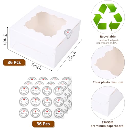 36 pcs 6x6x3 Inches Small Cake Box with Window, Bakery Pastry Cookie Boxes, Mini Pie for Pastry,Dessert,Strawberries,Chocolates, Cupcakes with paper stickers (white) - color: white/36pcs