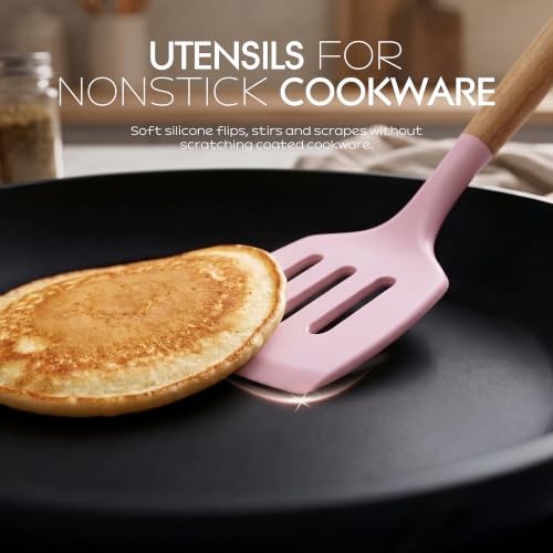oannao Silicone Kitchen Utensils Set - 446°F Heat Resistant Cooking Utensil Sets, Spatula,Turner,Tongs,Spoon,Whisk, Wooden Handle Silicone Kitchen Gadgets Tools for Non-Stick Cookware BPA Free (Pink) - color: Pink