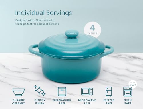 Kook Mini Cocotte, Lids, Handles, Dutch Oven, Set of 4, 12 oz, Sky Blue - color: Sky Blue