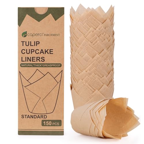 Caperci 150pcs Tulip Cupcake Liners Parchment Paper Muffin Cups for Baking - color: Natural (150-Count)