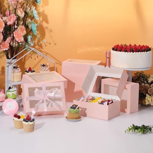 COTOPHER 30Pcs Cookie Boxes with Ribbons, 9x6x3 Inch Pink Bakery Boxes - color: Pink