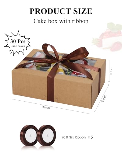 COTOPHER 30Pcs Cookie Boxes with Ribbons, 9x6x3 Inch Brown Bakery Boxes - color: Brown