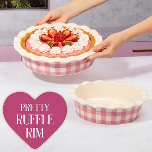 Paris Hilton Ceramic Pie Dish Set, 7-Inch and 9-Inch Stoneware Baking Dishes with Fluted Rim and Gingham Design, Oven Safe up to 450°F, 2-Piece, Pink - size: 2-Piece