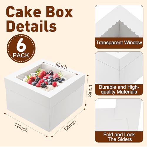 6 Pack Cake Boxes with Cake Boards,12x12x8 Inch Tall Cake Box with Window - size: 6 Pack-12x12x8 inches