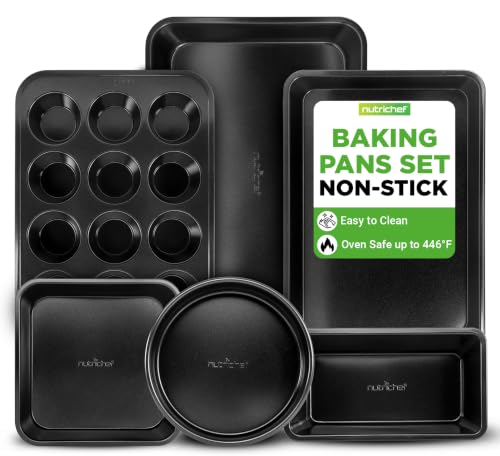 NutriChef 6-Piece Nonstick Baking Pans - Carbon Steel Non toxic Bakeware set with Cookie Sheets, Muffin, Loaf, Round & Square Pan - Restaurant Quality Baking Tray, Easy Clean, Dishwasher & Oven Safe - color: Obsidian Blue