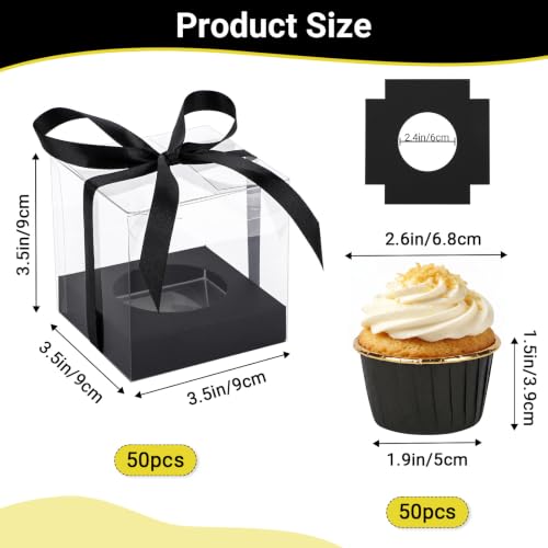 EUSOAR Cupcake Boxes with Cupcake Cups, 50pcs 3.5 Inch Single Cupcakes Holder and 50pcs 3.5oz Cupcakes Wrappers, Transparent Dessert Pastry Cupcakes Containers for Wedding Party Favor Bakery - color: Black