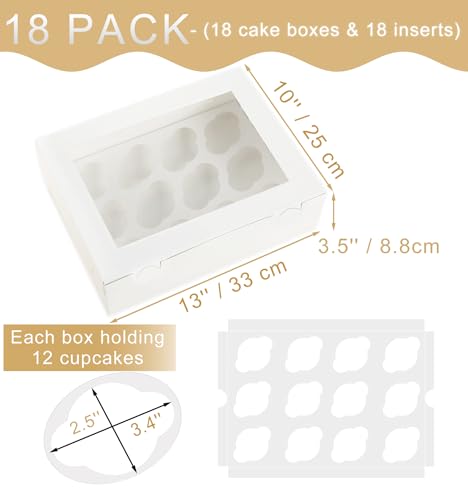 18 Pack Cupcake Boxes Hold 12 Standard Cupcakes, 13 x 10 x 3.5 Inch Paper Dozen Cupcake Containers Bulk with Window and Inserts, Disposable Bakery Pastry Carrier for Muffins, Cookies, White
