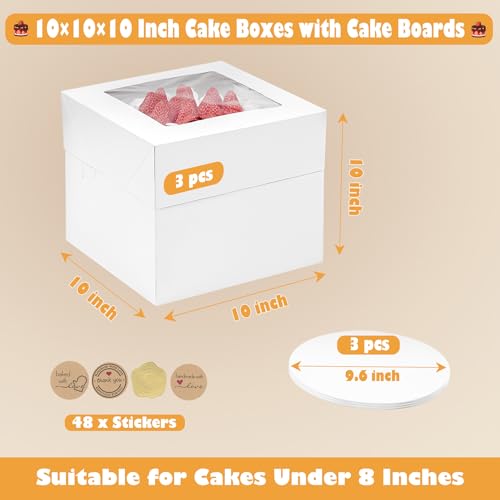 10x10x10 Inches Cake Boxes with Cake Boards, 3 Pack Premium Tall Cheesecake Boxes with Display Window for Christmas, Birthday, Wedding - size: 10 x 10 x 10 Inches-3 Pack