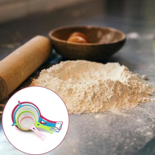Ragyzity 4Pcs Plastic Mesh Strainer Colander Set, Kitchen Plastic Flour Colander Set, Food Soy Milk Flour Sieve Long Handle Icing Sugar Sifters Fine Strainer with Non Slip Handles (4 Size)