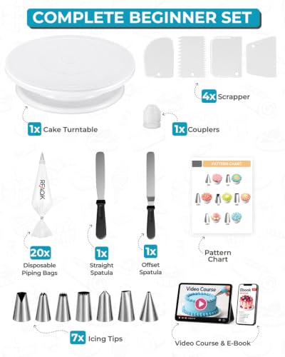 RFAQK 35PCs Cake Decorating Kit with Cake Turntable, Piping Bags and Tips - size: 35 PCs Blue Cake Decorating
