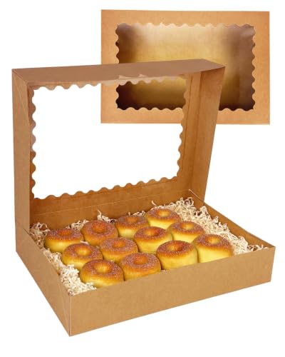 qiqee Auto-pop Up 14x10x2.5 Inch Brown Cookie Box with Window 15Pcs Pastry Macaron Bakery Box For Packaging - size: 14 x 10 x 2.5 / 15 Pcs
